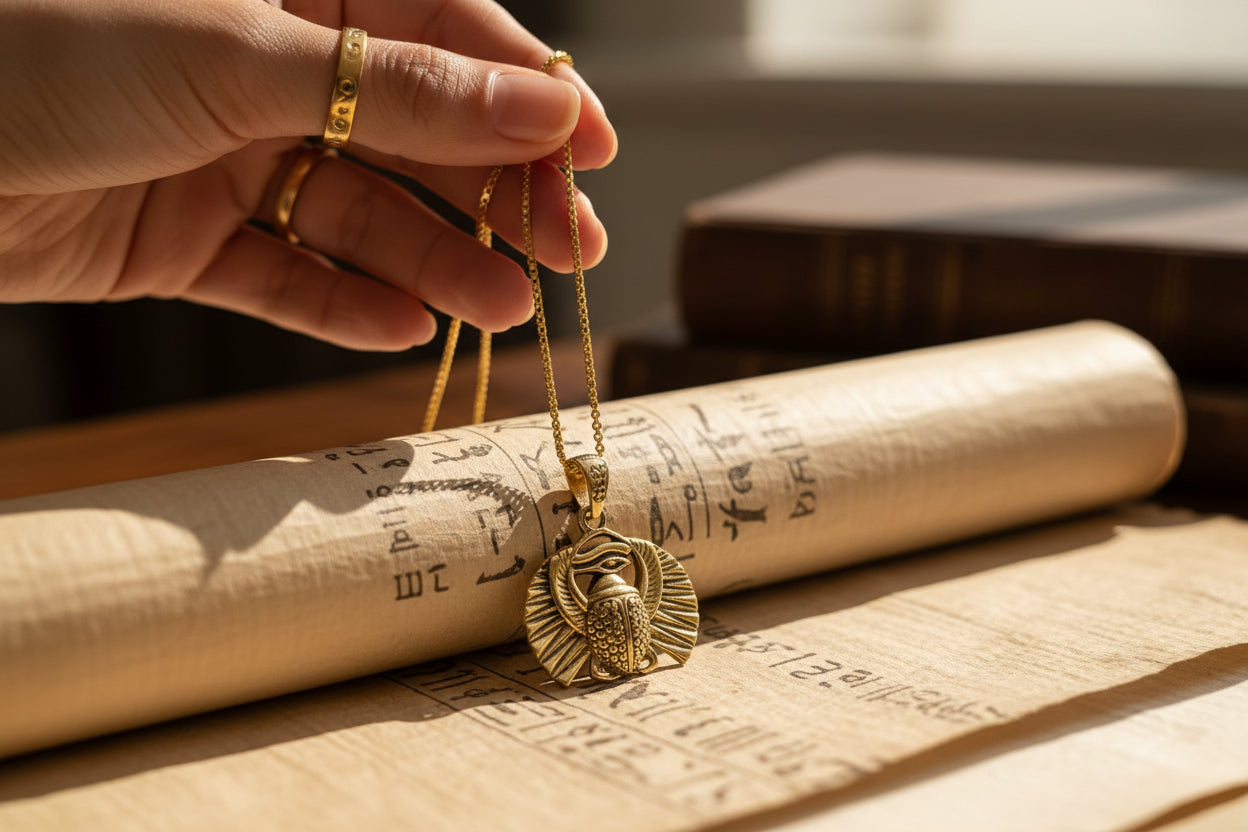 Gold Scarab Beetle Pendant Necklace, Egyptian Revival Talisman