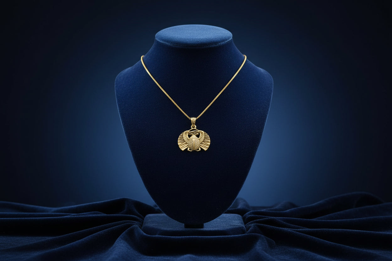 Gold Scarab Beetle Pendant Necklace, Egyptian Revival Talisman