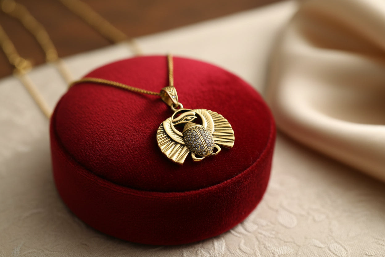 Gold Scarab Beetle Pendant Necklace, Egyptian Revival Talisman