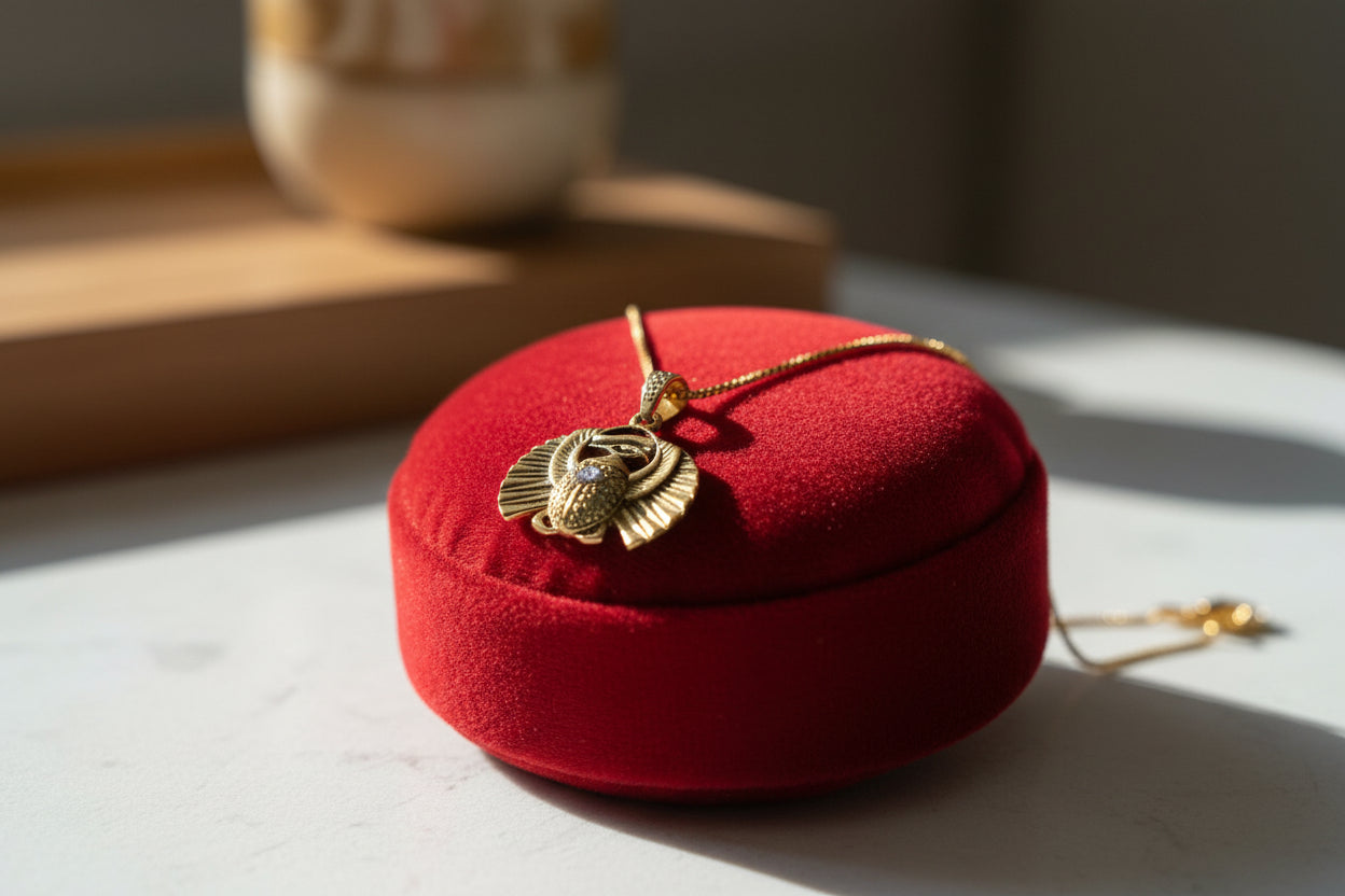 Gold Scarab Beetle Pendant Necklace, Egyptian Revival Talisman