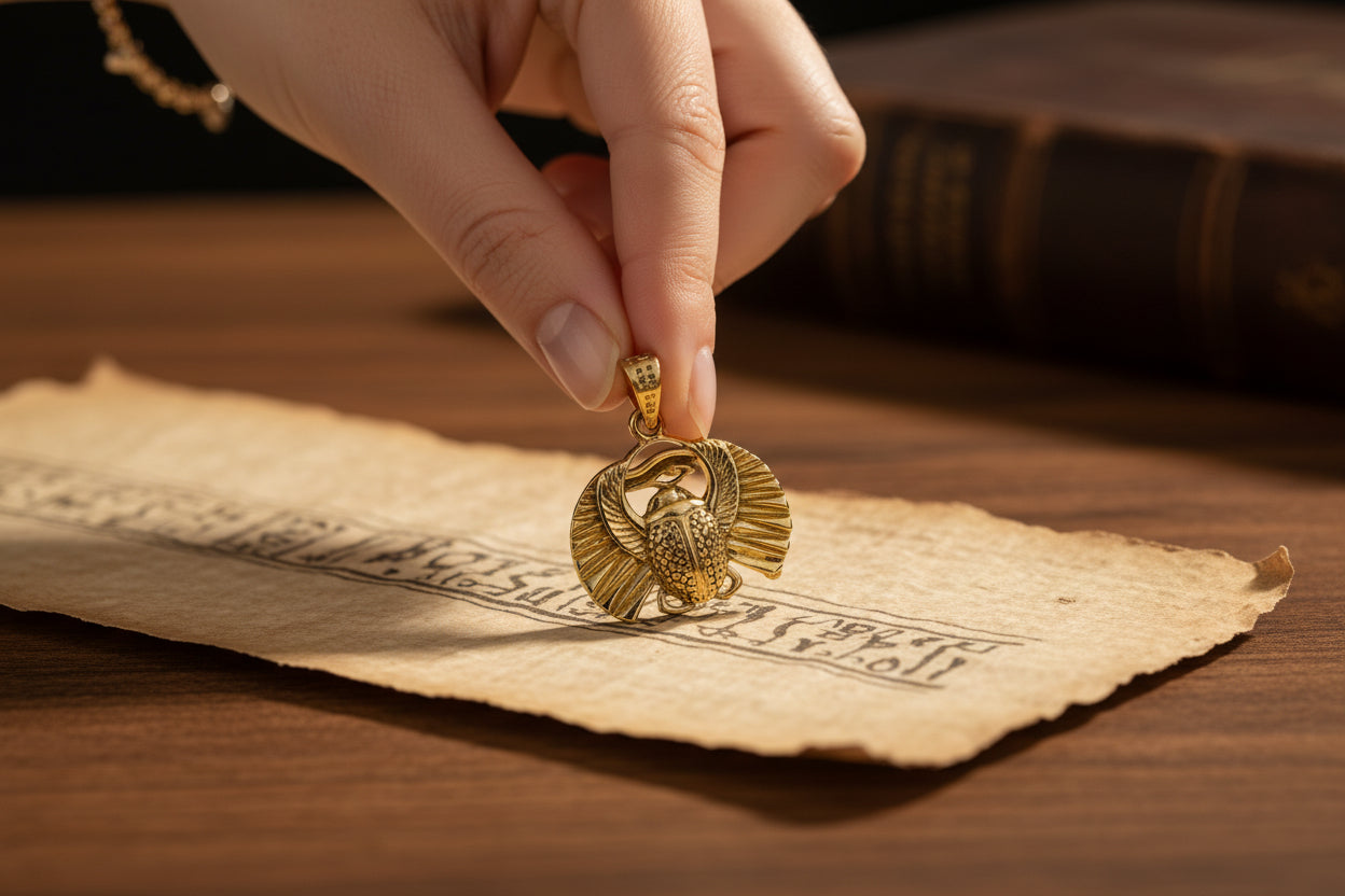 Gold Scarab Beetle Pendant Necklace, Egyptian Revival Talisman
