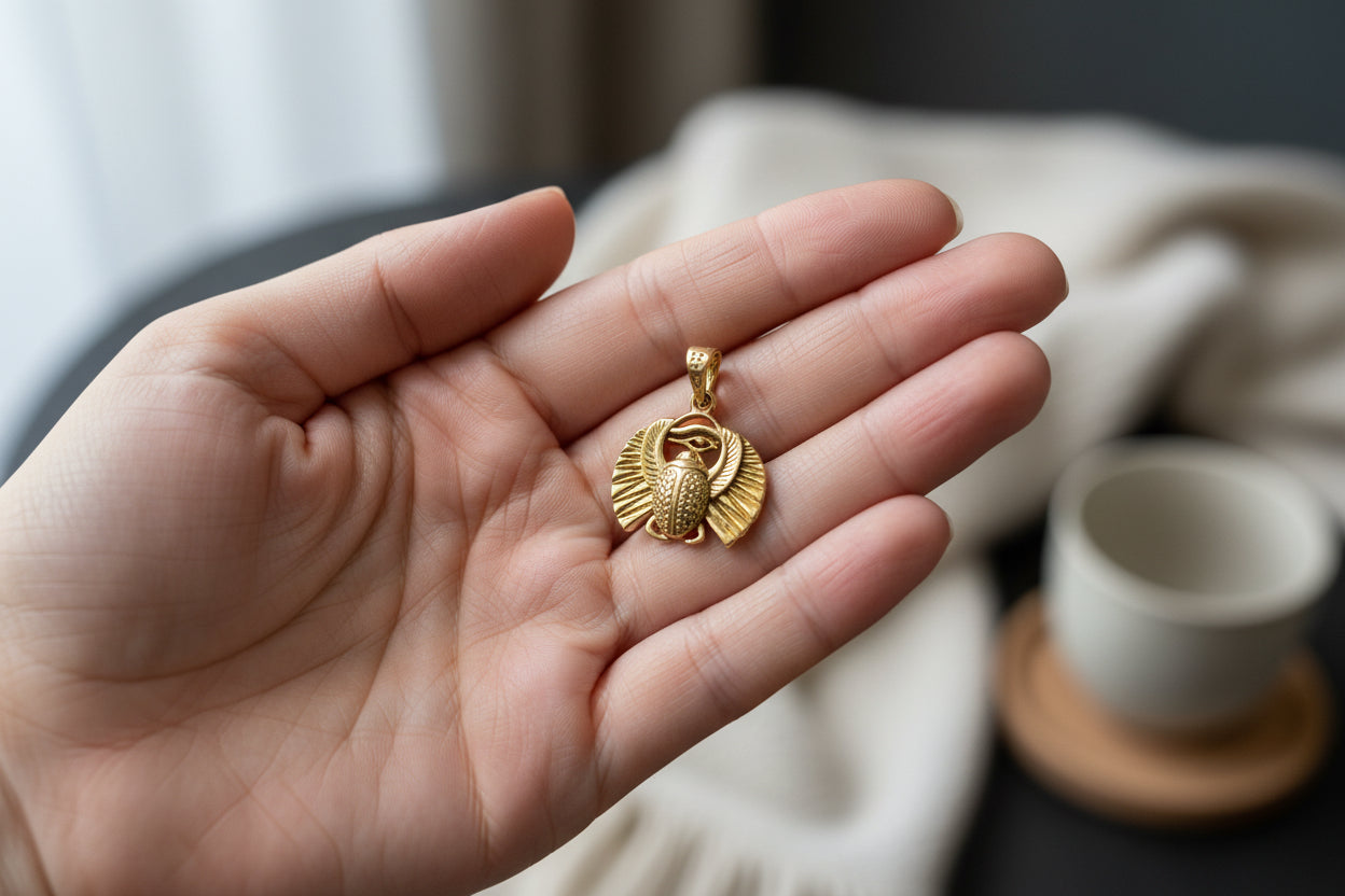 Gold Scarab Beetle Pendant Necklace, Egyptian Revival Talisman