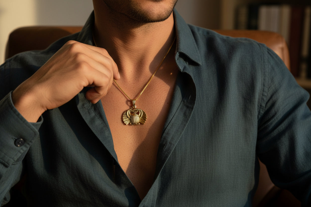 Gold Scarab Beetle Pendant Necklace, Egyptian Revival Talisman