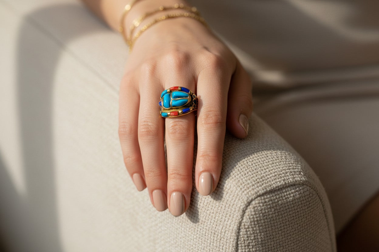 Gold Scarab Ring, Turquoise Egyptian Ring, Ancient Egypt Jewelry, Spiritual Talisman Ring, Vintage Gold Scarab Jewelry Gift