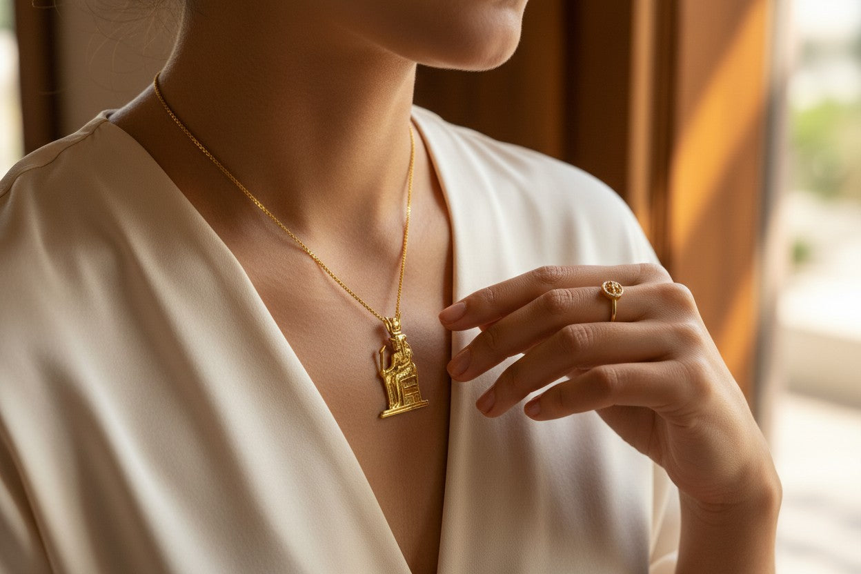 Gold Hathor Necklace, Ancient Egyptian Cow Goddess Pendant, Sacred Feminine Amulet