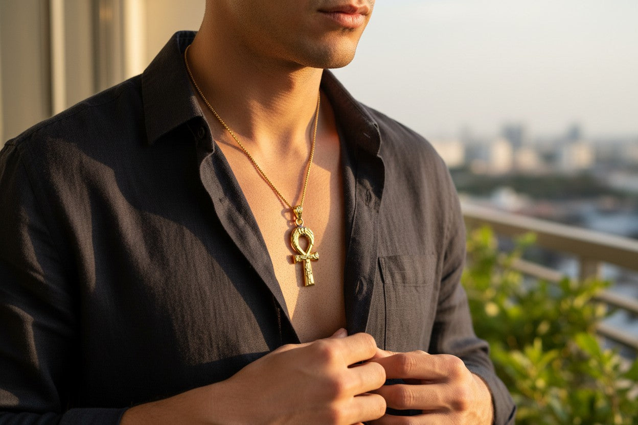 Gold Akhenaton Prayers Ankh Pendant,  Egyptian Amulet Necklace