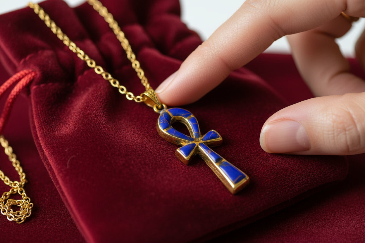 Gold Ankh Lapis Lazuli Pendant Necklace, Egyptian Talisman Jewelry