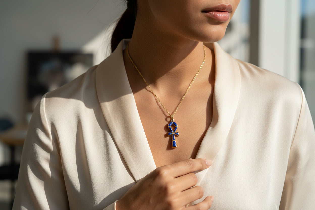 Gold Ankh Lapis Lazuli Pendant Necklace, Egyptian Talisman Jewelry