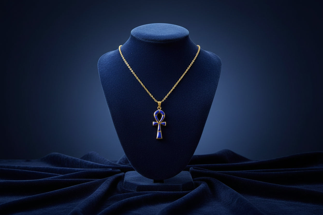 Gold Ankh Lapis Lazuli Pendant Necklace, Egyptian Talisman Jewelry