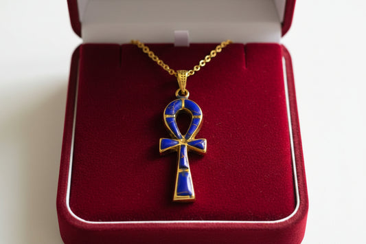 Gold Ankh Lapis Lazuli Pendant Necklace, Egyptian Talisman Jewelry