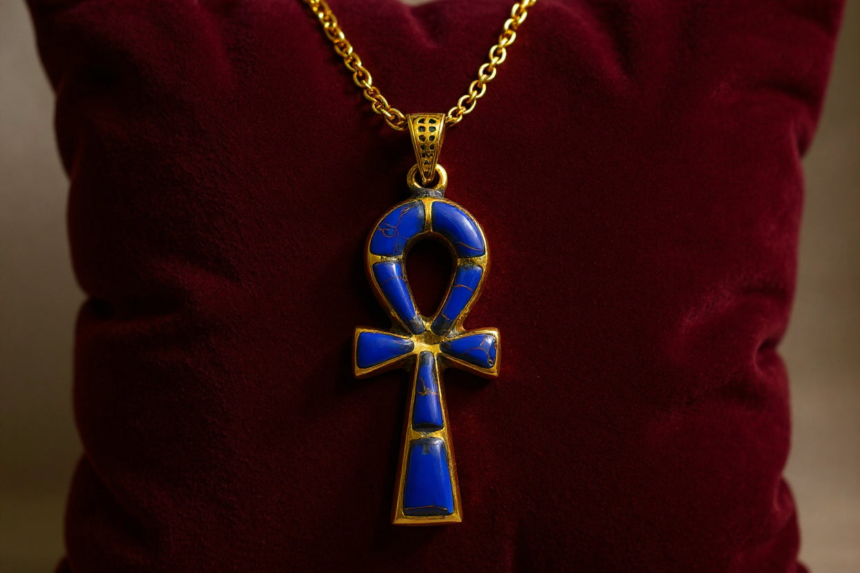 Gold Ankh Lapis Lazuli Pendant Necklace, Egyptian Talisman Jewelry