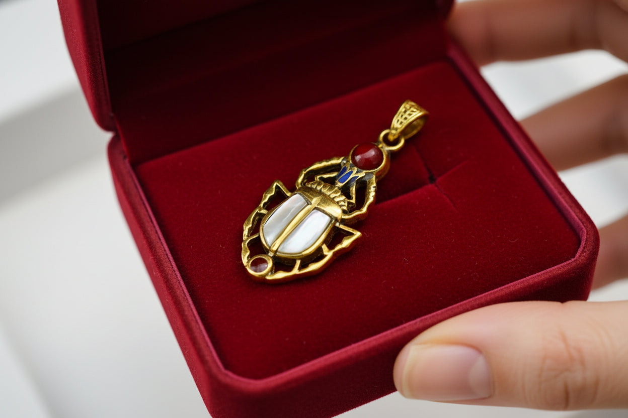 Gold Scarab Mother of Pearl Pendant, Egyptian Revival Necklace