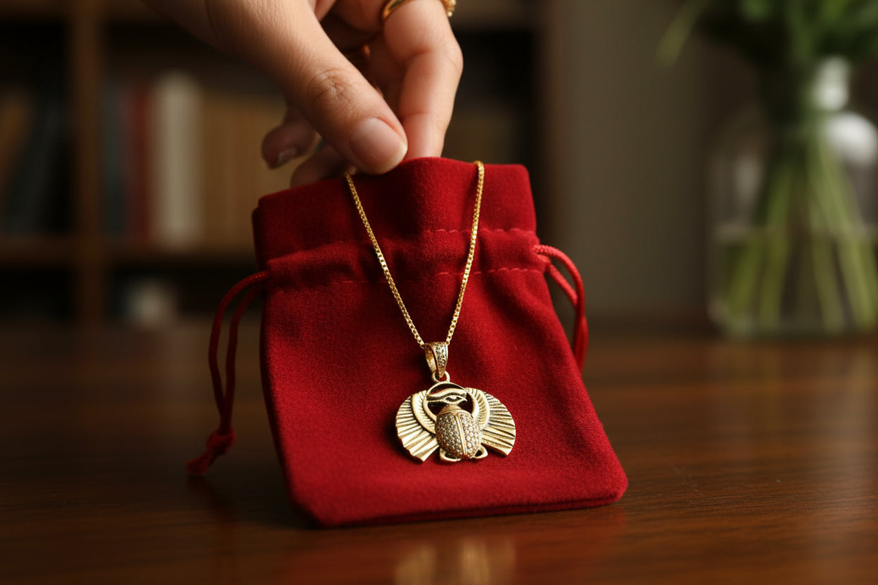 Gold Scarab Beetle Pendant Necklace, Egyptian Revival Talisman