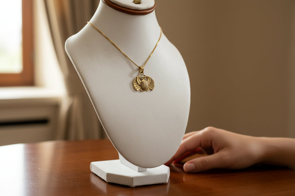 Gold Scarab Beetle Pendant Necklace, Egyptian Revival Talisman