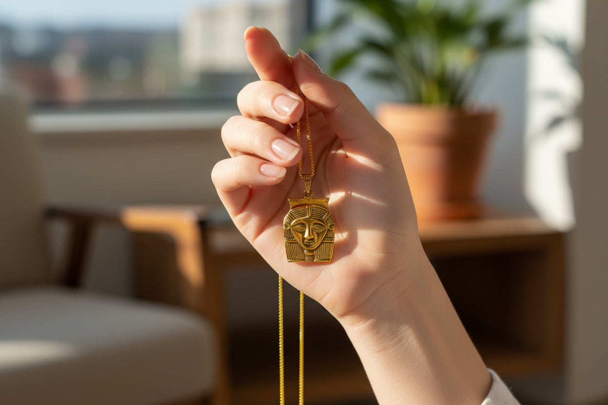 Gold Goddess Hathor Pendant, Large Egyptian Goddess Necklace