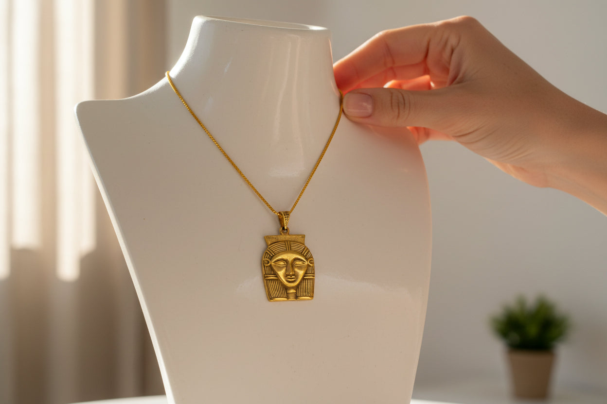 Gold Goddess Hathor Pendant, Large Egyptian Goddess Necklace