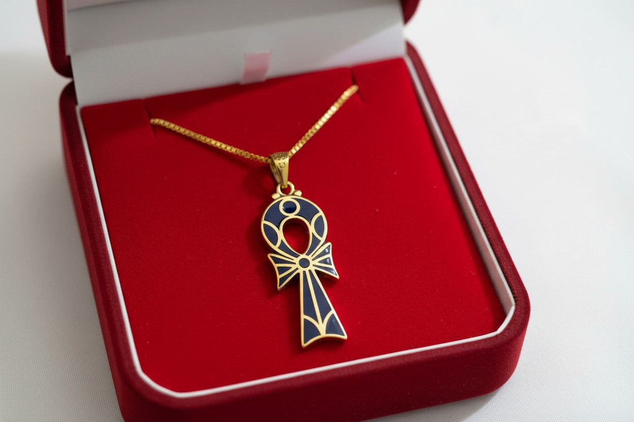 Gold Ankh Necklace, Enamel Lapis Lazuli Pendant, Ancient Egyptian Key of Life Amulet
