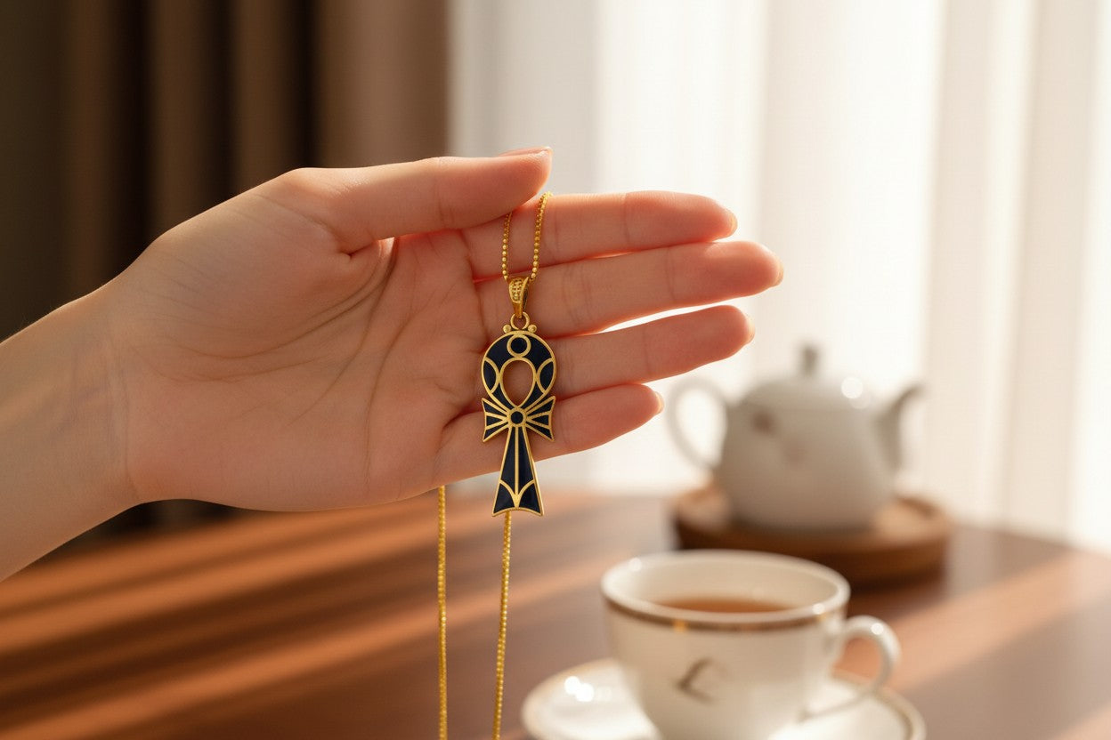 Gold Ankh Necklace, Enamel Lapis Lazuli Pendant, Ancient Egyptian Key of Life Amulet