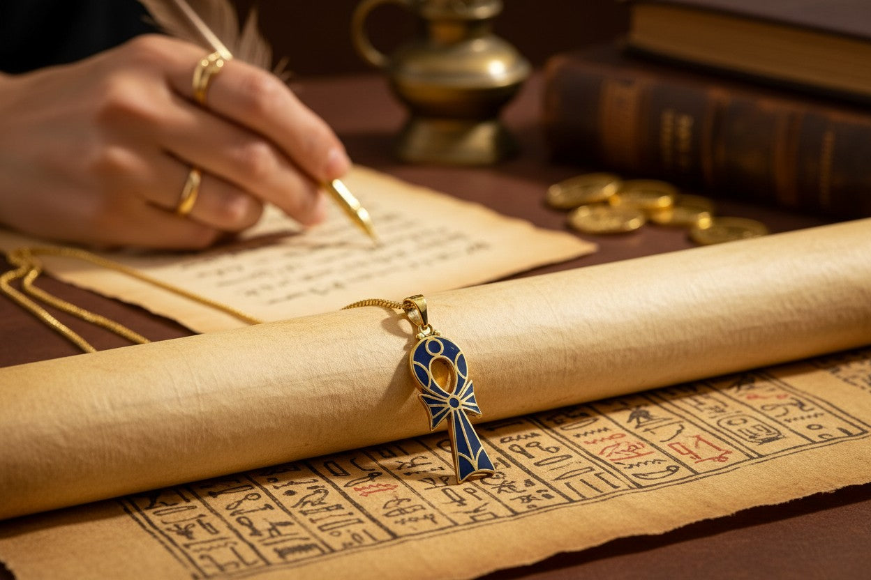 Gold Ankh Necklace, Enamel Lapis Lazuli Pendant, Ancient Egyptian Key of Life Amulet