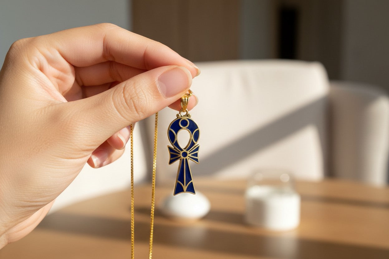 Gold Ankh Necklace, Enamel Lapis Lazuli Pendant, Ancient Egyptian Key of Life Amulet
