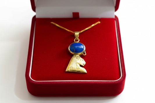 Gold Sekhmet Lapis Lazuli Necklace, Egyptian Goddess Pendant, Sacred Lioness Jewelry, Spiritual Protection Talisman