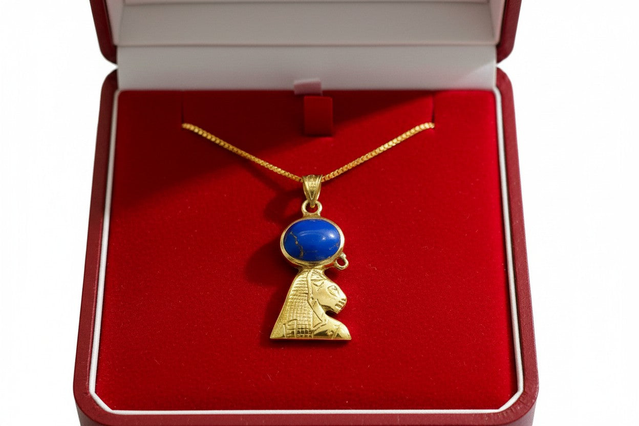 Gold Sekhmet Lapis Lazuli Necklace, Egyptian Goddess Pendant, Sacred Lioness Jewelry, Spiritual Protection Talisman