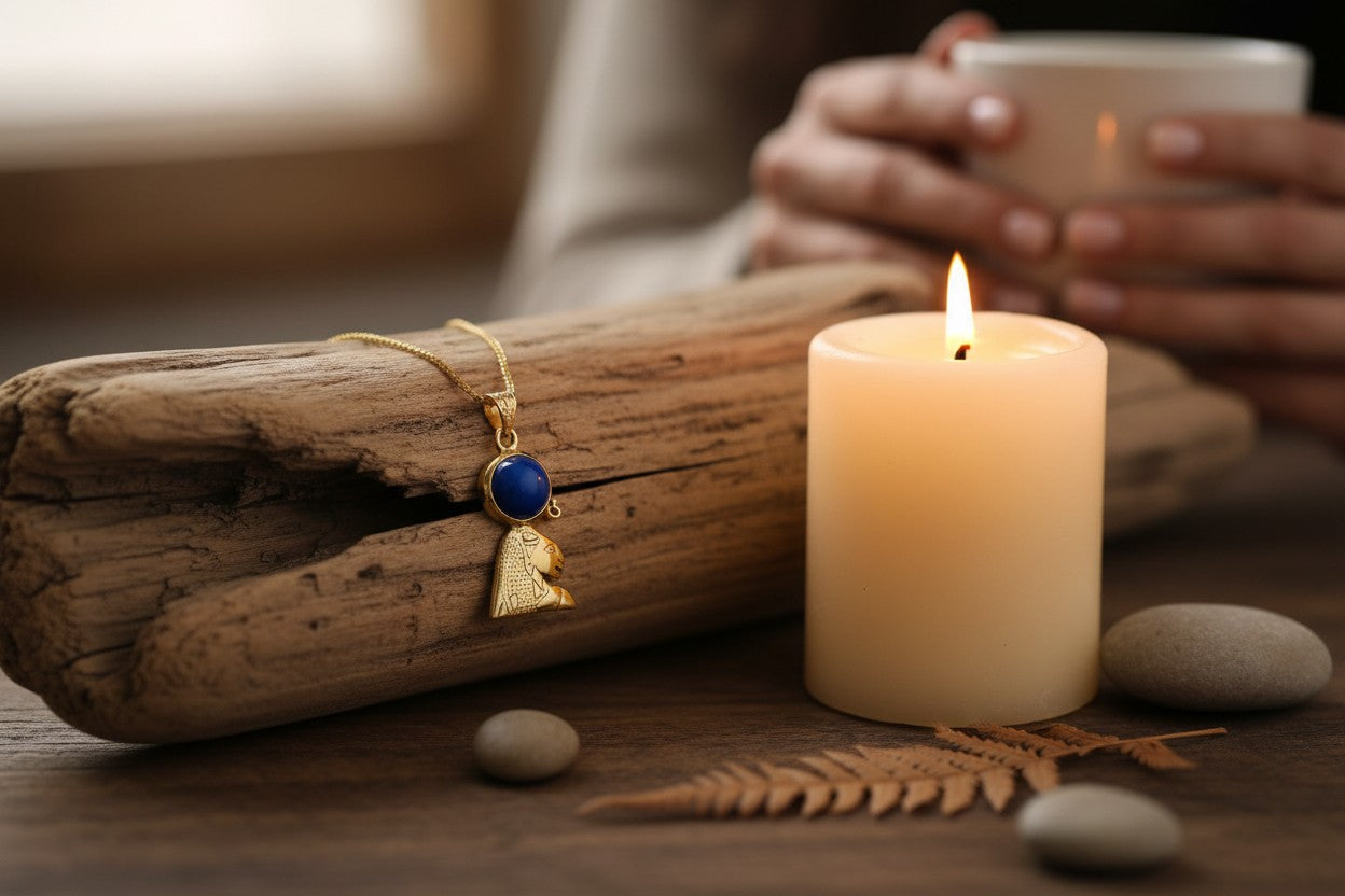 Gold Sekhmet Lapis Lazuli Necklace, Egyptian Goddess Pendant, Sacred Lioness Jewelry, Spiritual Protection Talisman