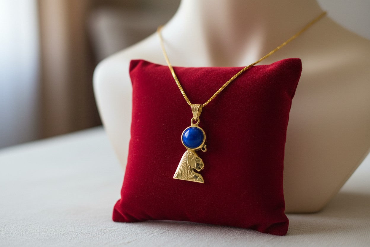 Gold Sekhmet Lapis Lazuli Necklace, Egyptian Goddess Pendant, Sacred Lioness Jewelry, Spiritual Protection Talisman