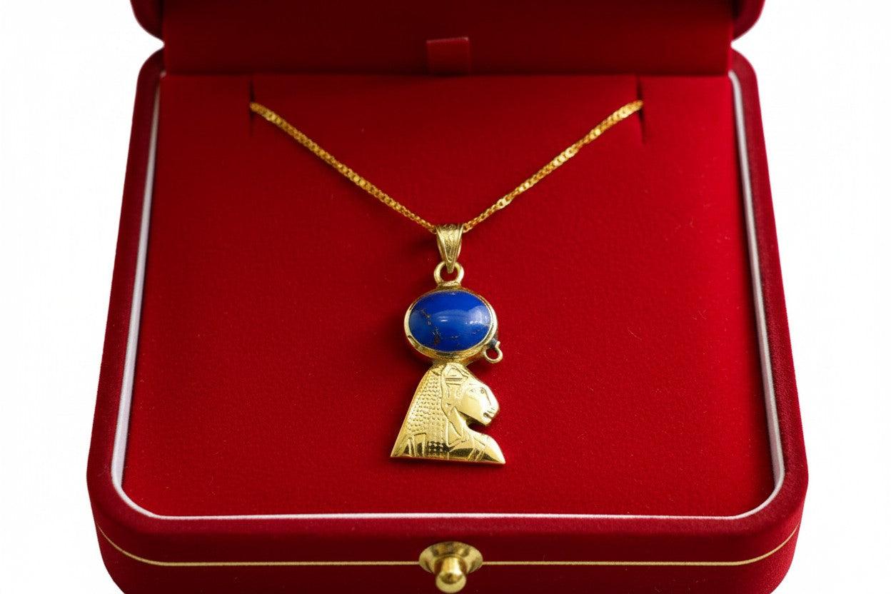 Gold Sekhmet Lapis Lazuli Necklace, Egyptian Goddess Pendant, Sacred Lioness Jewelry, Spiritual Protection Talisman
