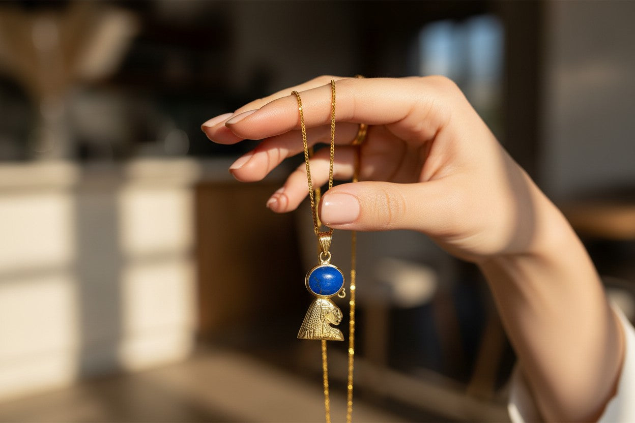 Gold Sekhmet Lapis Lazuli Necklace, Egyptian Goddess Pendant, Sacred Lioness Jewelry, Spiritual Protection Talisman