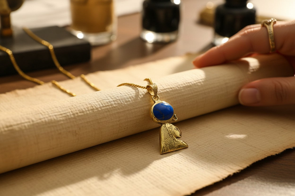 Gold Sekhmet Lapis Lazuli Necklace, Egyptian Goddess Pendant, Sacred Lioness Jewelry, Spiritual Protection Talisman