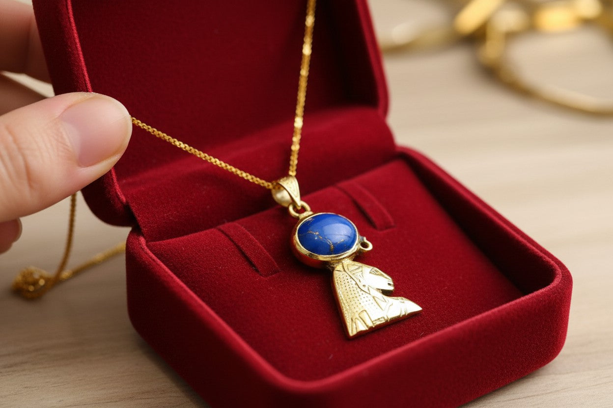 Gold Sekhmet Lapis Lazuli Necklace, Egyptian Goddess Pendant, Sacred Lioness Jewelry, Spiritual Protection Talisman