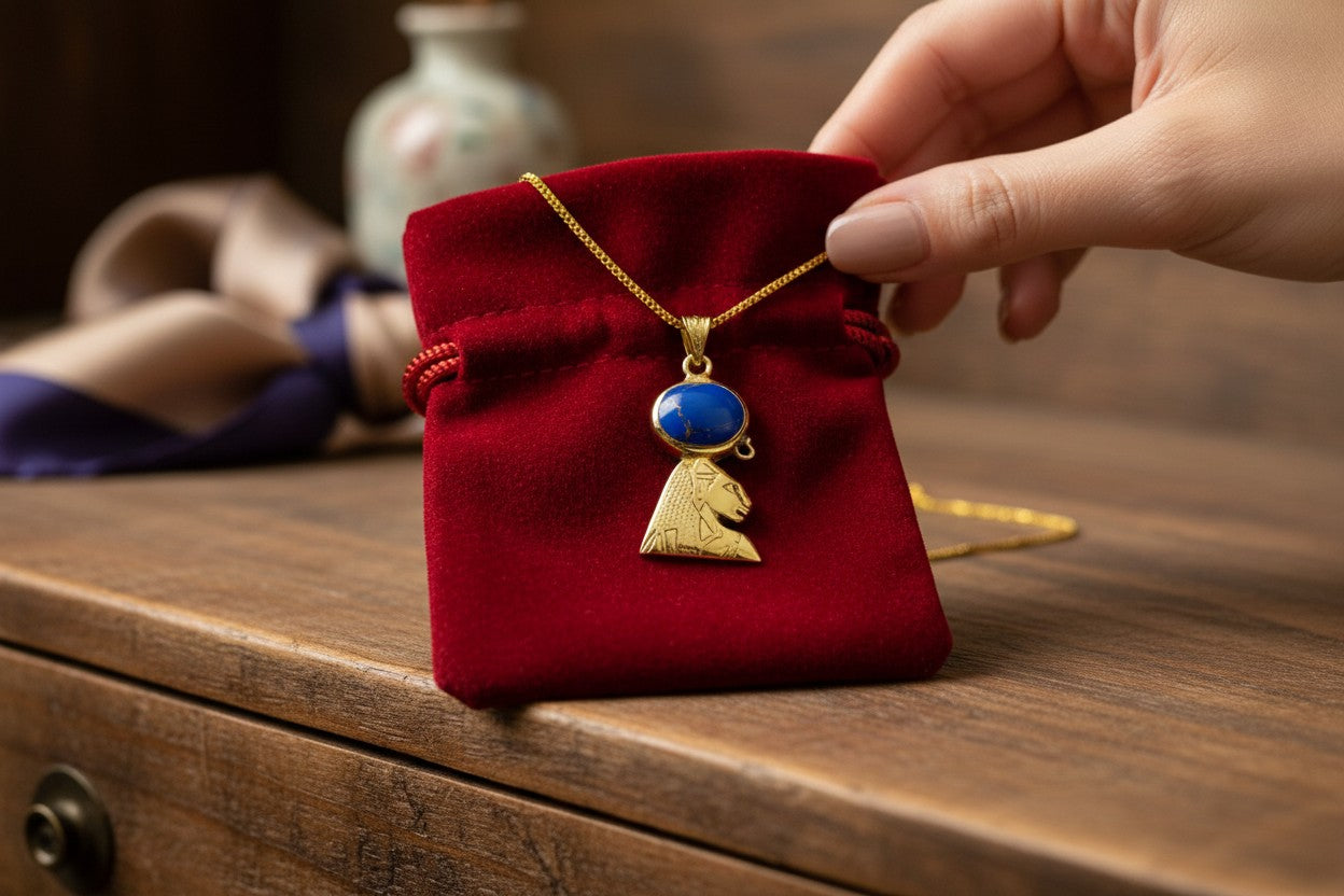 Gold Sekhmet Lapis Lazuli Necklace, Egyptian Goddess Pendant, Sacred Lioness Jewelry, Spiritual Protection Talisman