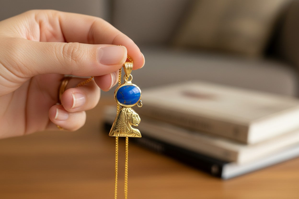 Gold Sekhmet Lapis Lazuli Necklace, Egyptian Goddess Pendant, Sacred Lioness Jewelry, Spiritual Protection Talisman