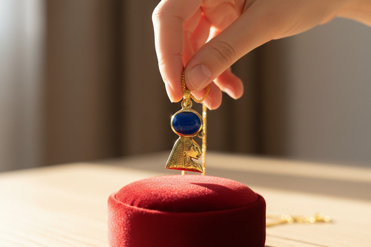 Gold Sekhmet Lapis Lazuli Necklace, Egyptian Goddess Pendant, Sacred Lioness Jewelry, Spiritual Protection Talisman