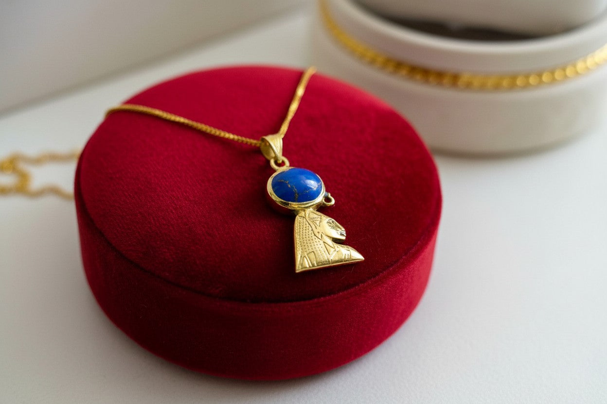 Gold Sekhmet Lapis Lazuli Necklace, Egyptian Goddess Pendant, Sacred Lioness Jewelry, Spiritual Protection Talisman