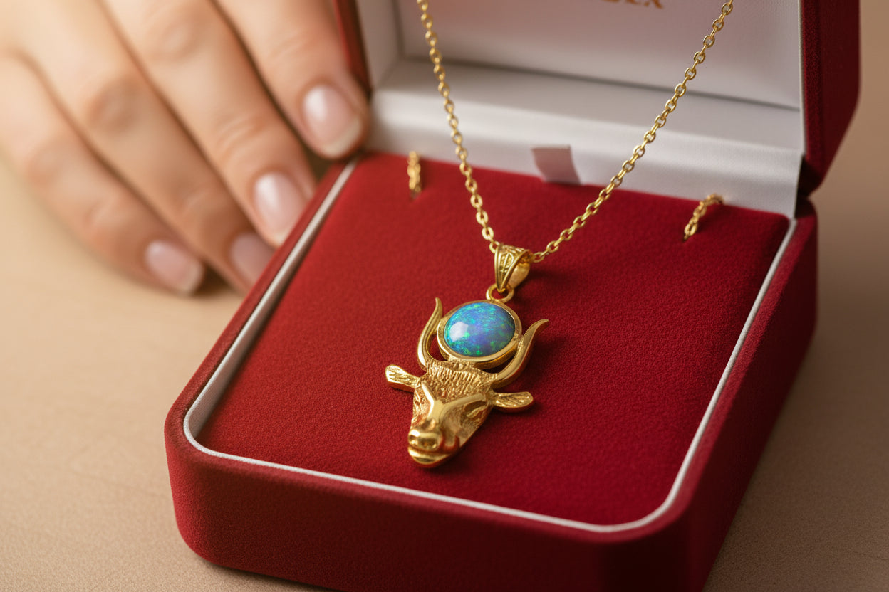 Gold Hathor Cow Head Opal Pendant Necklace, Egyptian Revival Jewelry