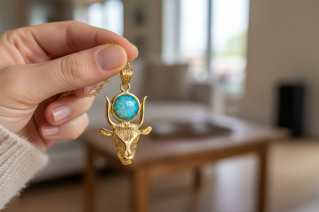 Gold Hathor Cow Head Opal Pendant Necklace, Egyptian Revival Jewelry