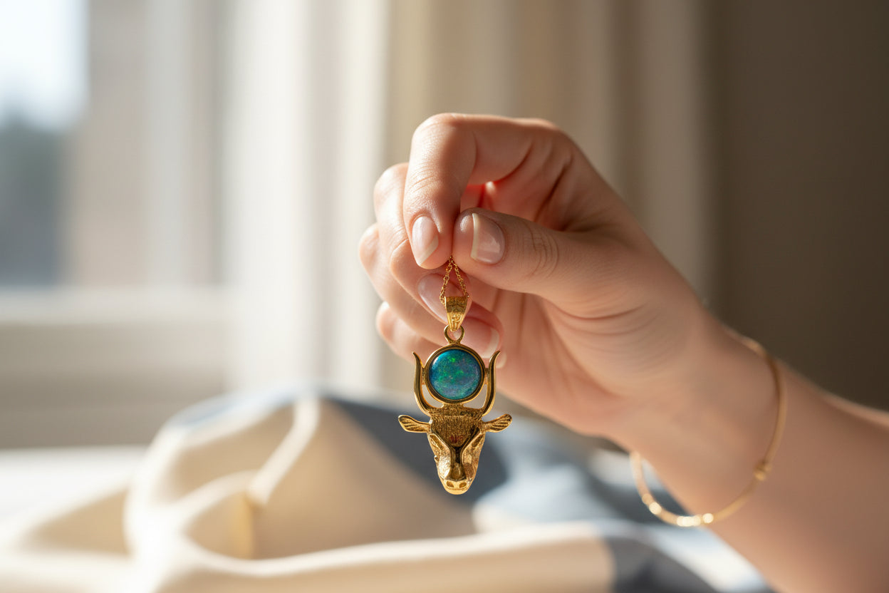 Gold Hathor Cow Head Opal Pendant Necklace, Egyptian Revival Jewelry