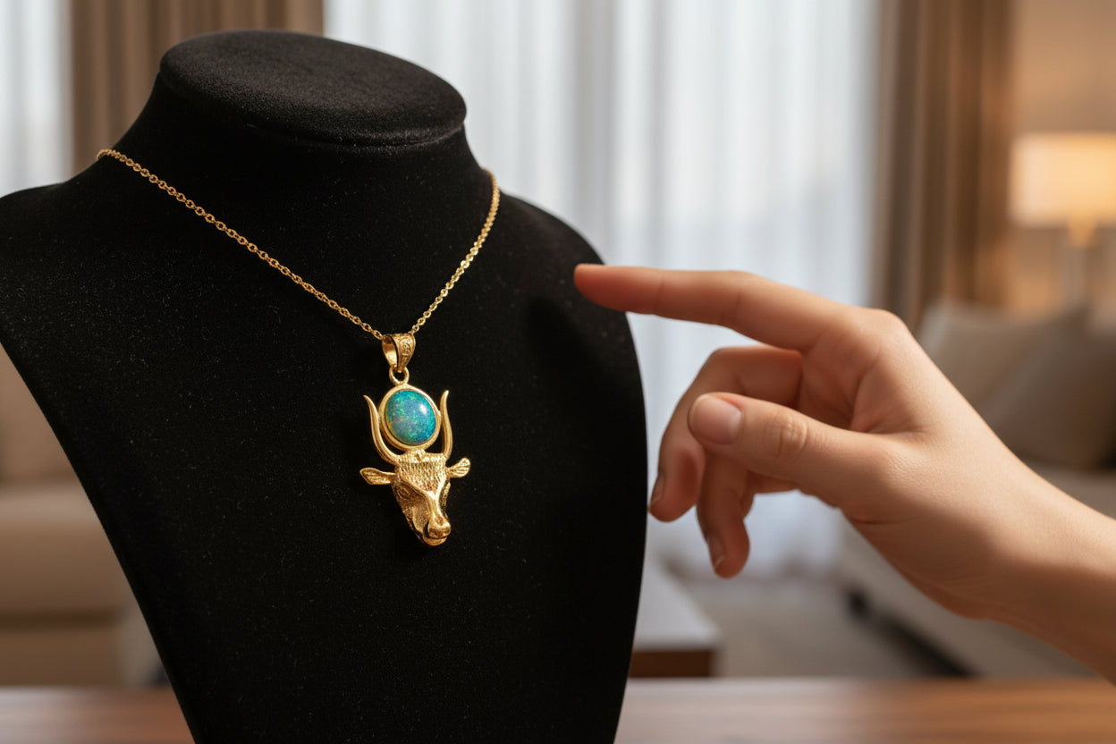 Gold Hathor Cow Head Opal Pendant Necklace, Egyptian Revival Jewelry