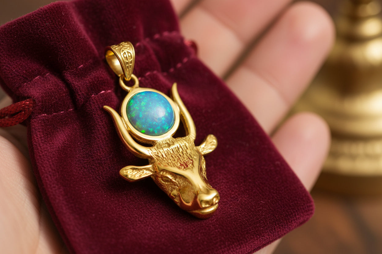 Gold Hathor Cow Head Opal Pendant Necklace, Egyptian Revival Jewelry