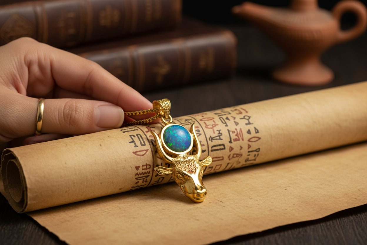 Gold Hathor Cow Head Opal Pendant Necklace, Egyptian Revival Jewelry