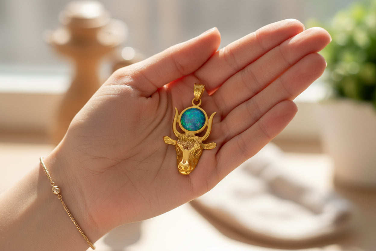 Gold Hathor Cow Head Opal Pendant Necklace, Egyptian Revival Jewelry