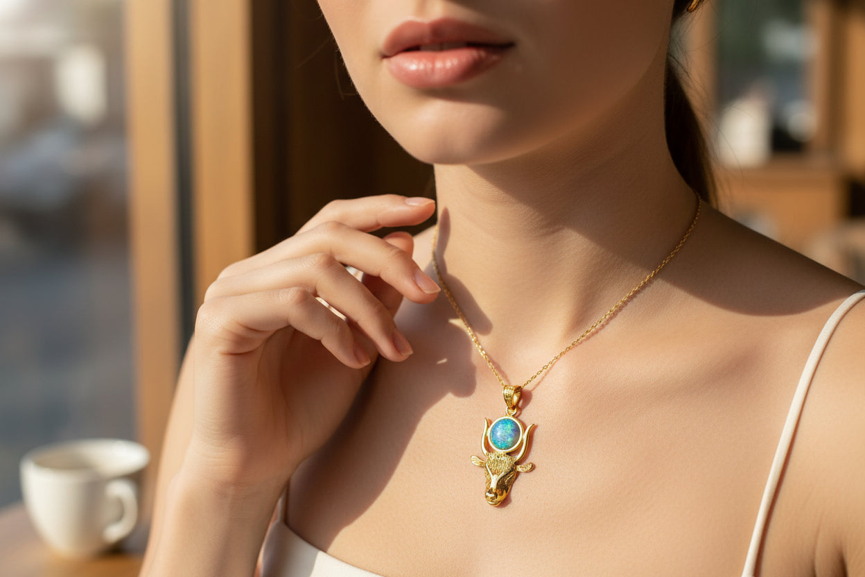 Gold Hathor Cow Head Opal Pendant Necklace, Egyptian Revival Jewelry