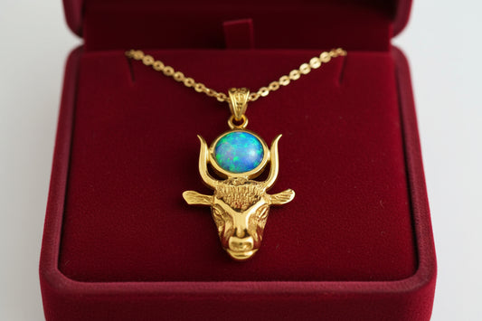 Gold Hathor Cow Head Opal Pendant Necklace, Egyptian Revival Jewelry