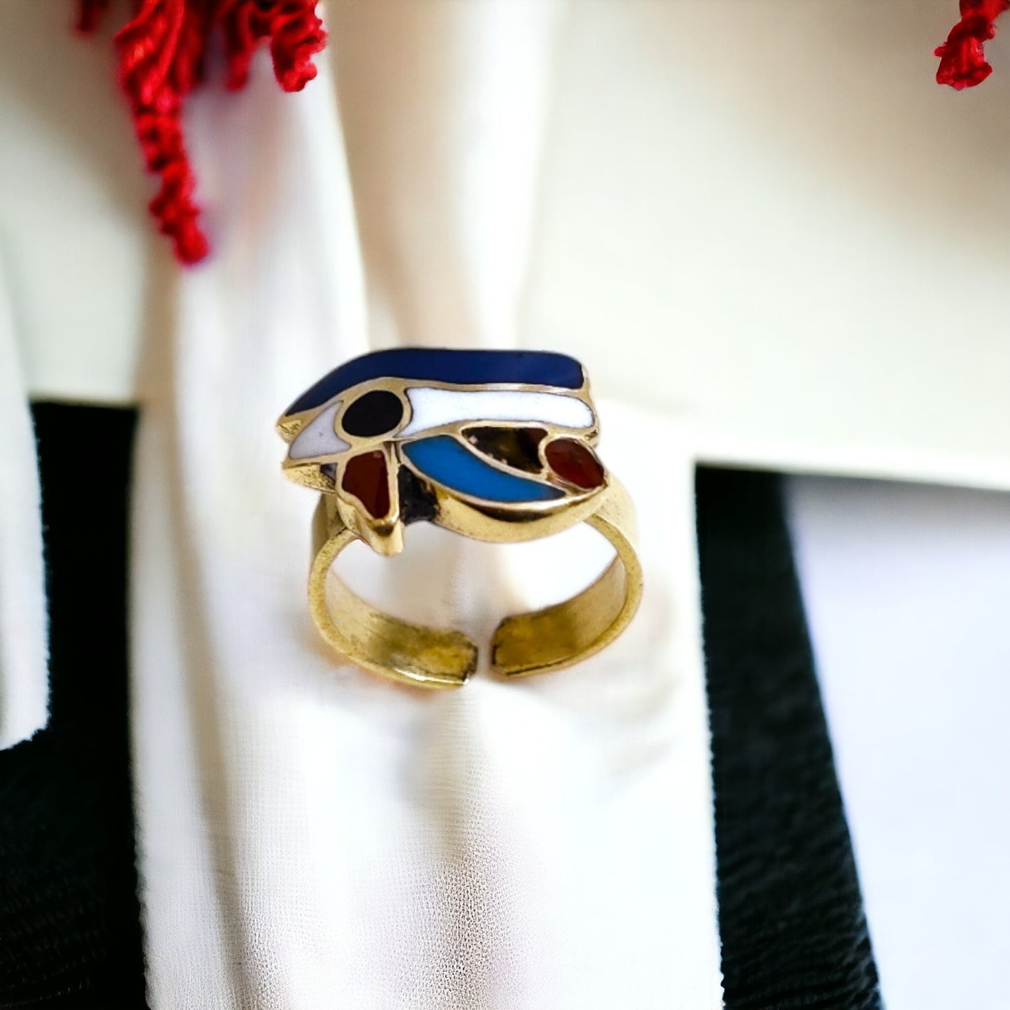 Gold Enamel Eye of Horus Ring, Egyptian Wadjet Amulet