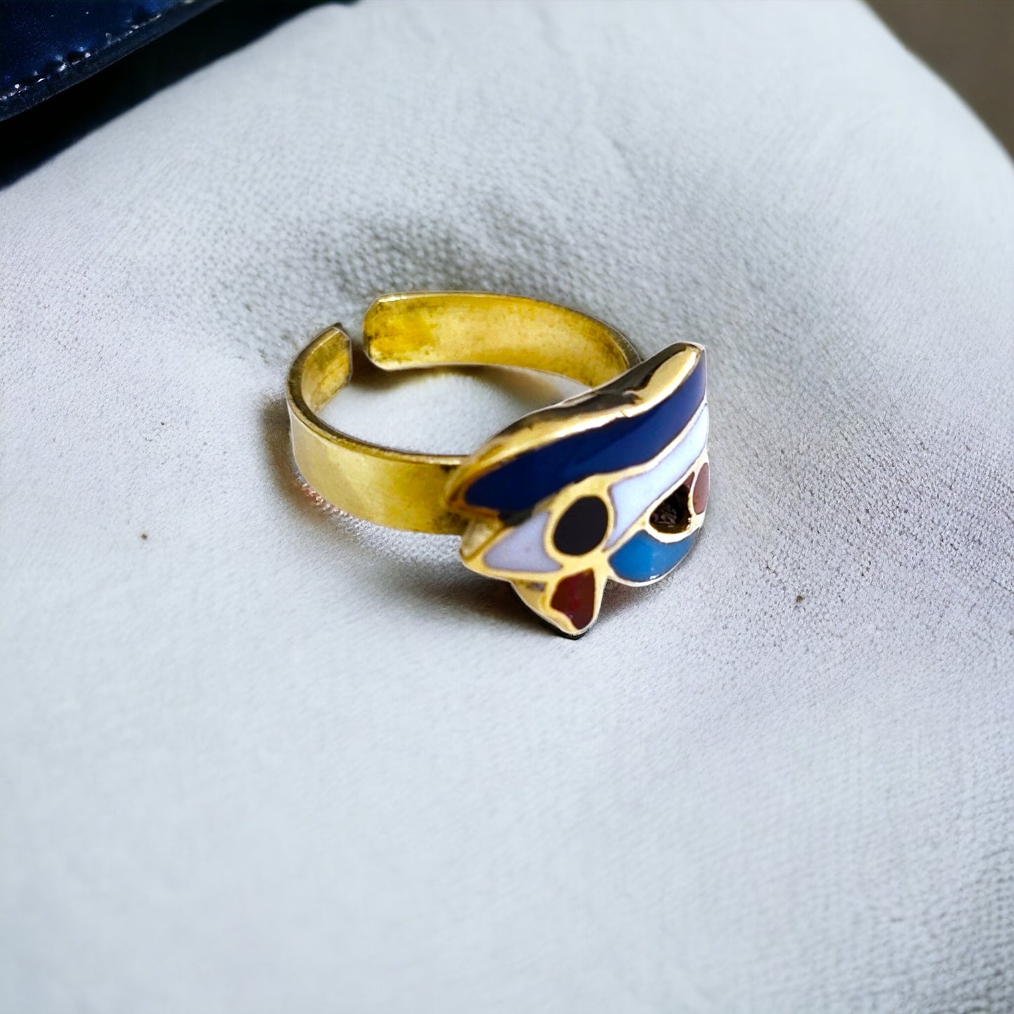 Gold Enamel Eye of Horus Ring, Egyptian Wadjet Amulet