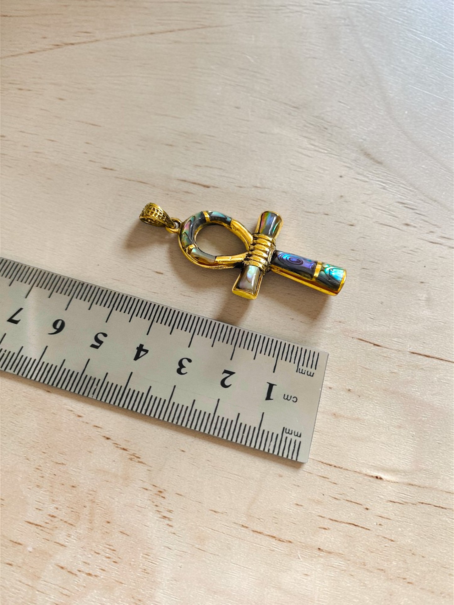 Gold Ankh Necklace, Mother of Pearl Abalone Egyptian Key of Life Pendant