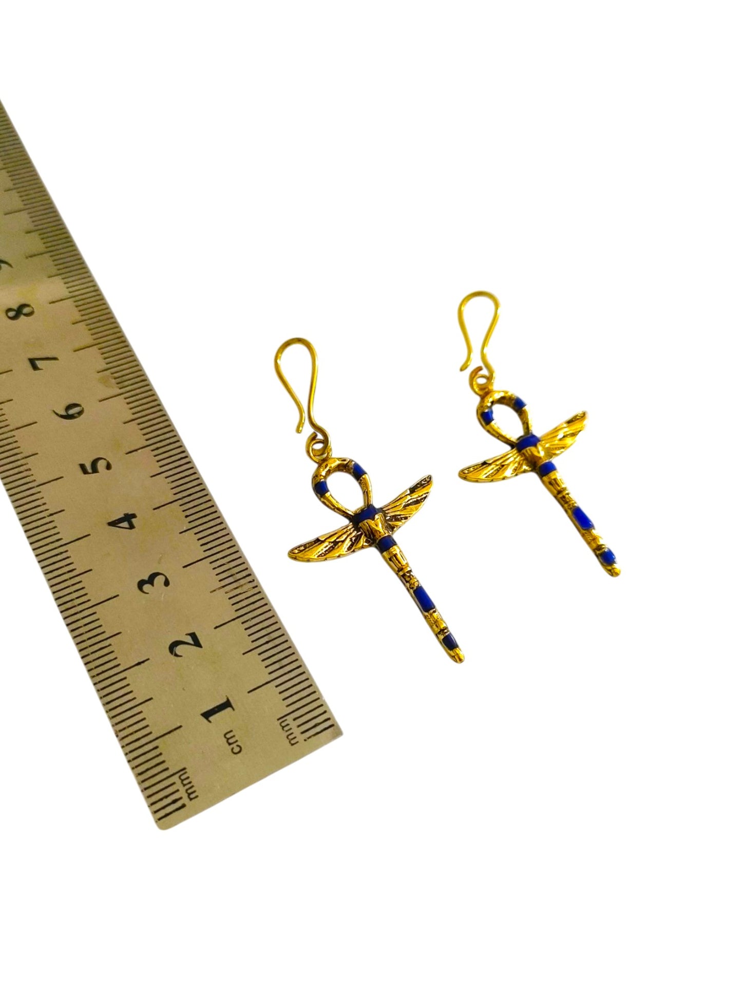 Gold Lapis Lazuli Ankh Earrings, Winged Key Of Life Jewelry, Ancient Egyptian Earrings, Spiritual Talisman Gift For Her Him