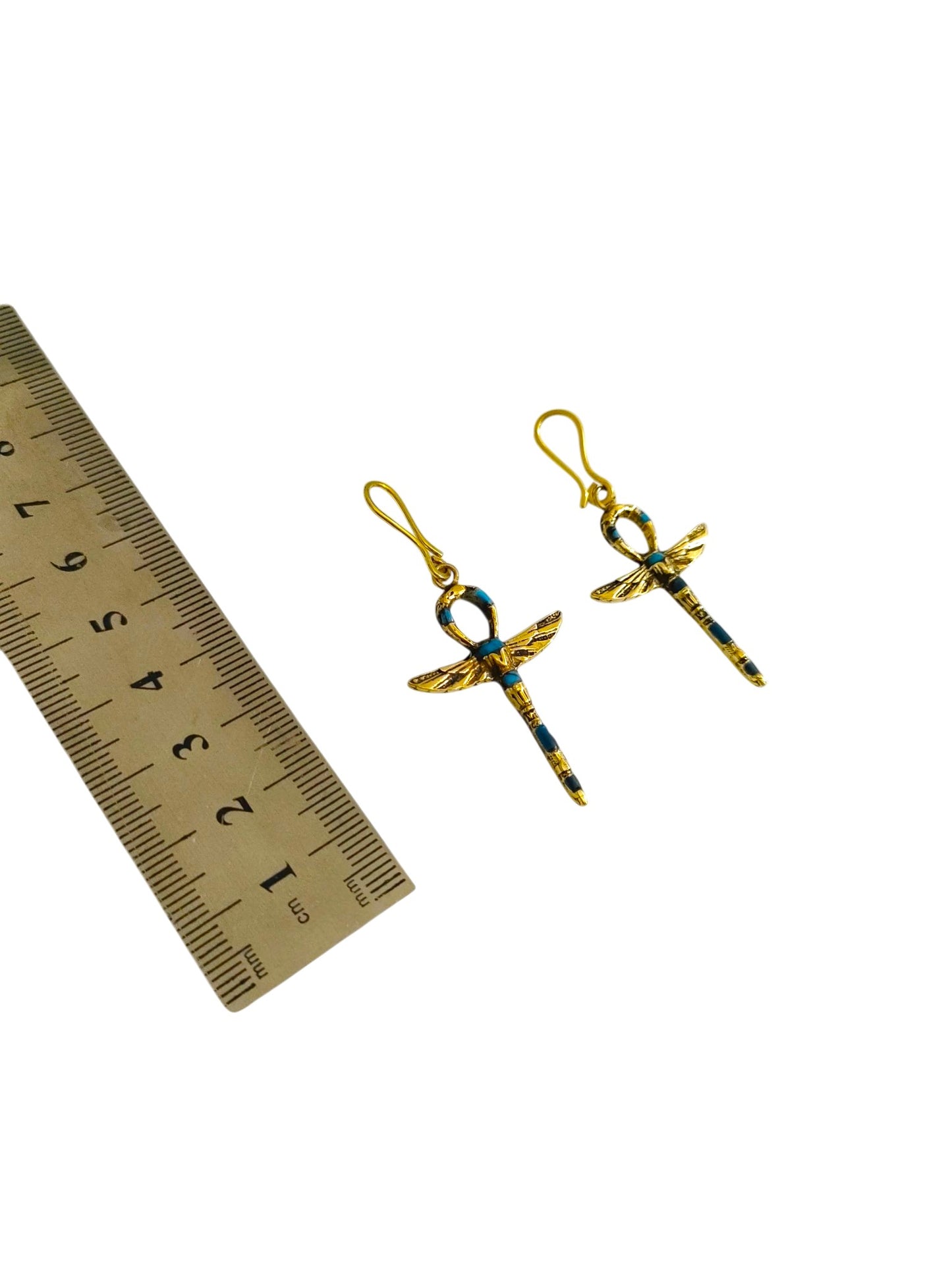 Gold Turquoise Winged Ankh Earrings, Egyptian Key of Life, Boho Spiritual Jewelry